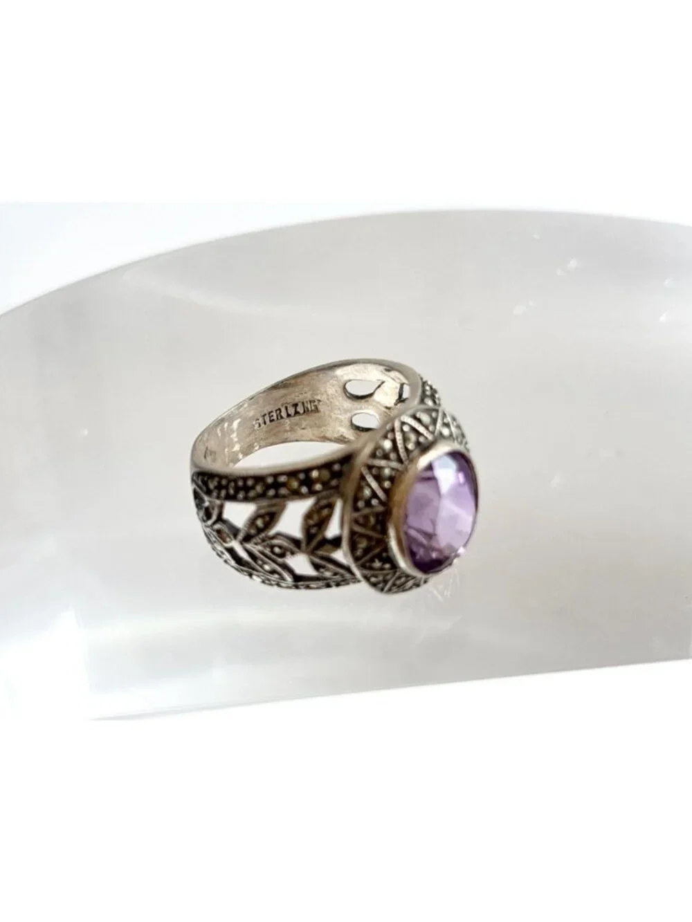 Art Deco Amethyst Gemstone Marcasite Sterling Silver 925 Vintage Ring - sz 5.75